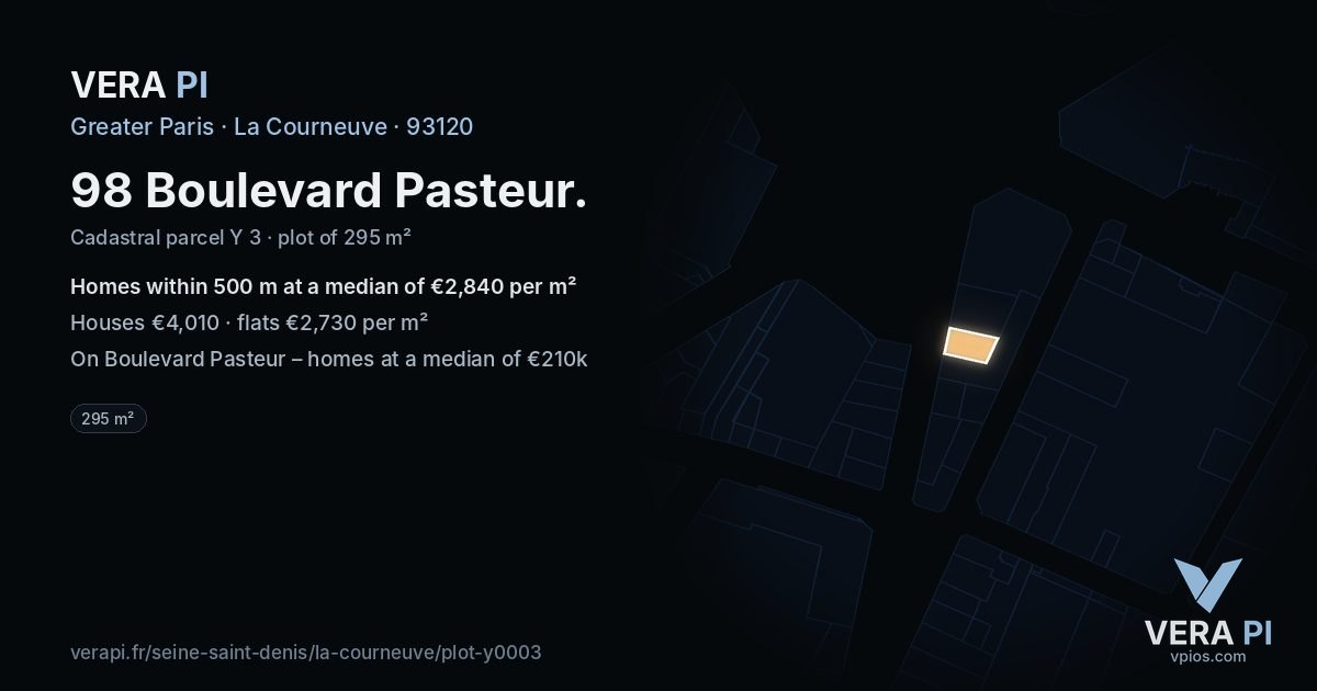 98 Boulevard Pasteur, La Courneuve at night – the plot lit, the parcels around coloured by the prices near them
