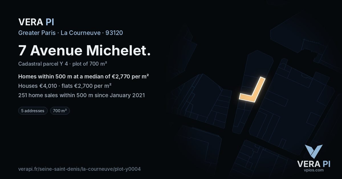 7 Avenue Michelet, La Courneuve at night – the plot lit, the parcels around coloured by the prices near them
