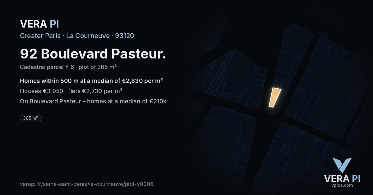 92 Boulevard Pasteur, La Courneuve at night – the plot lit, the parcels around coloured by the prices near them