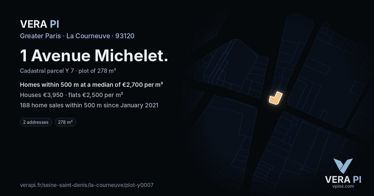 1 Avenue Michelet, La Courneuve at night – the plot lit, the parcels around coloured by the prices near them