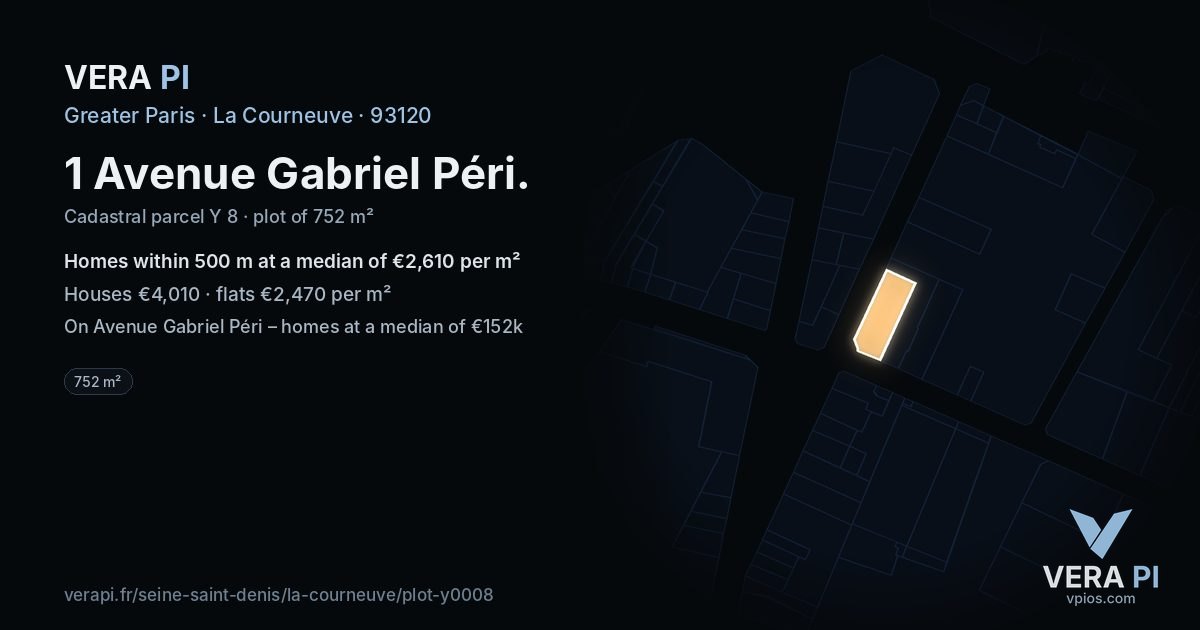 1 Avenue Gabriel Péri, La Courneuve at night – the plot lit, the parcels around coloured by the prices near them
