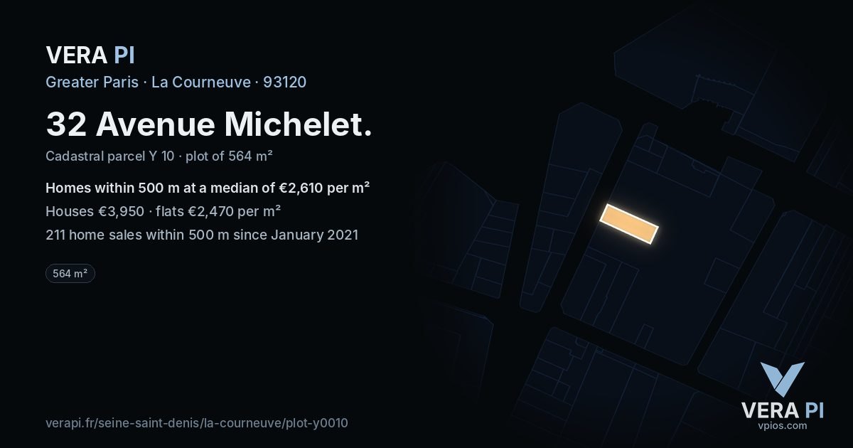 32 Avenue Michelet, La Courneuve at night – the plot lit, the parcels around coloured by the prices near them