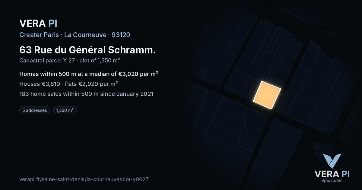 63 Rue du Général Schramm, La Courneuve at night – the plot lit, the parcels around coloured by the prices near them