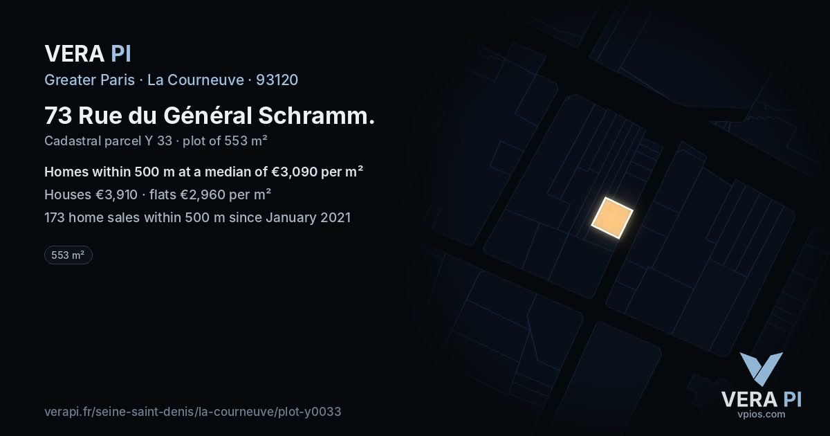 73 Rue du Général Schramm, La Courneuve at night – the plot lit, the parcels around coloured by the prices near them