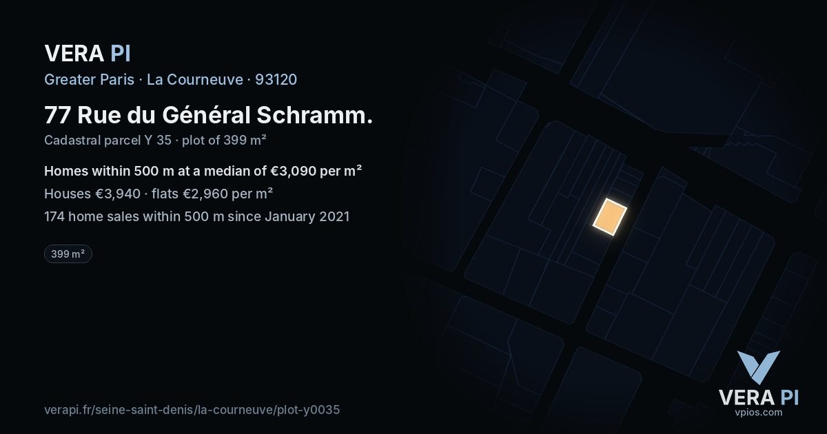77 Rue du Général Schramm, La Courneuve at night – the plot lit, the parcels around coloured by the prices near them