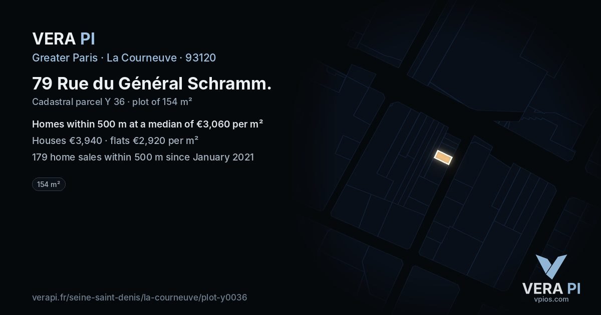 79 Rue du Général Schramm, La Courneuve at night – the plot lit, the parcels around coloured by the prices near them