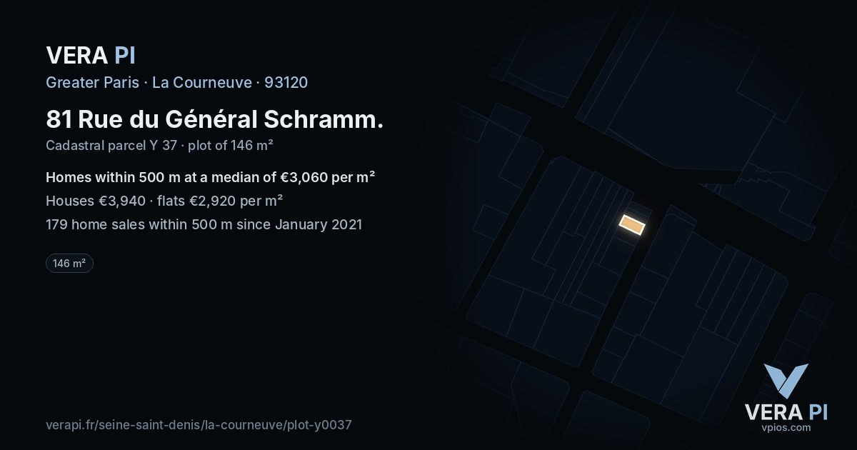 81 Rue du Général Schramm, La Courneuve at night – the plot lit, the parcels around coloured by the prices near them