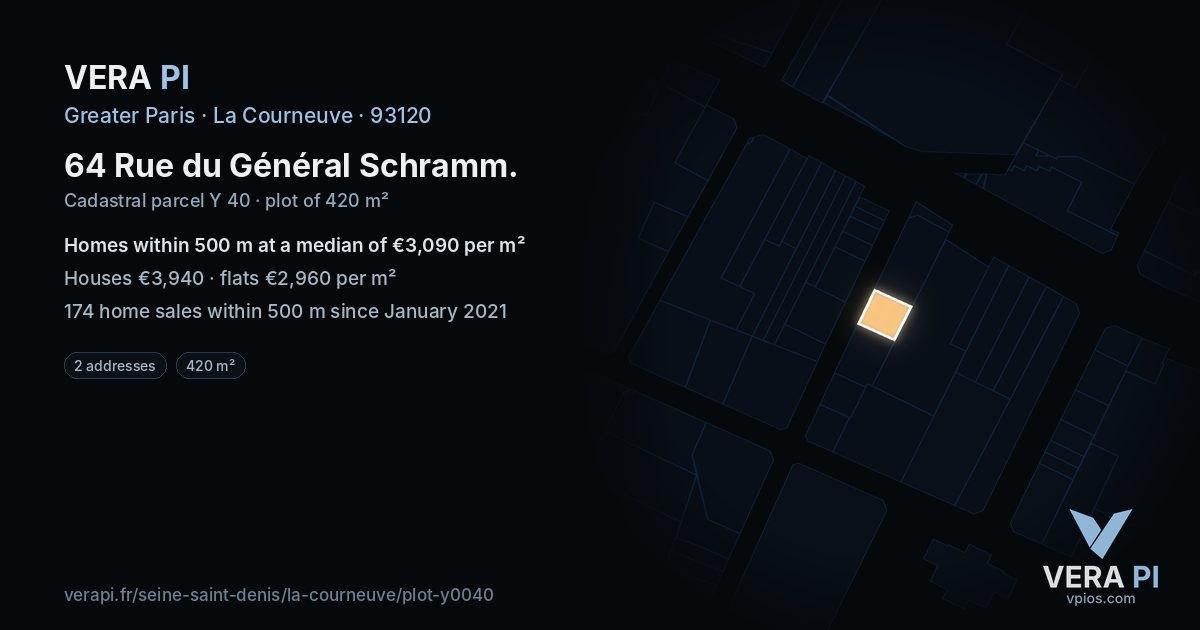 64 Rue du Général Schramm, La Courneuve at night – the plot lit, the parcels around coloured by the prices near them