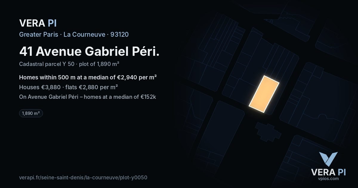 41 Avenue Gabriel Péri, La Courneuve at night – the plot lit, the parcels around coloured by the prices near them