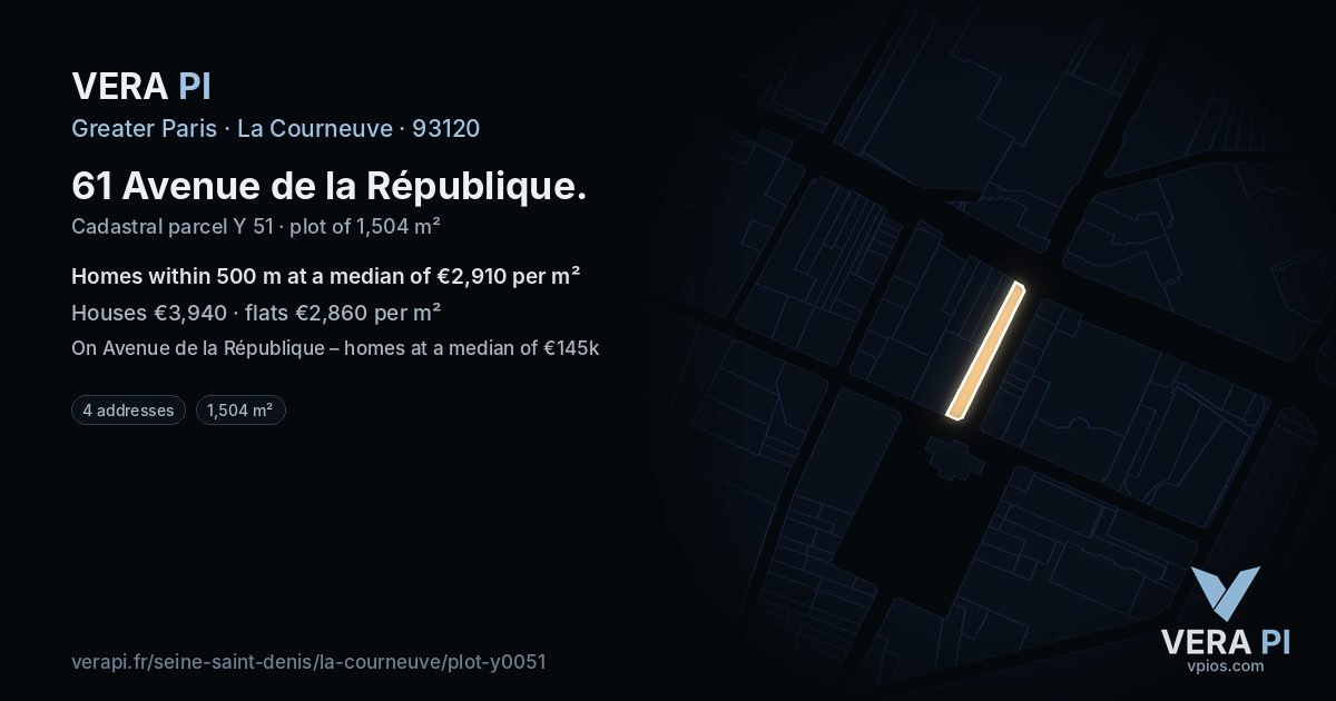 61 Avenue de la République, La Courneuve at night – the plot lit, the parcels around coloured by the prices near them
