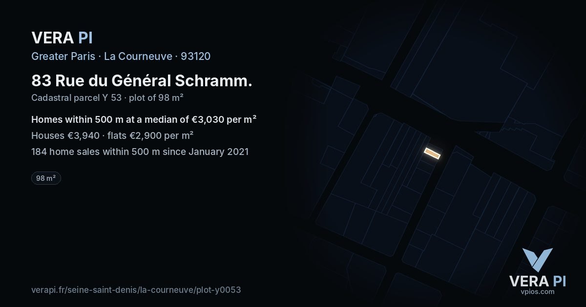 83 Rue du Général Schramm, La Courneuve at night – the plot lit, the parcels around coloured by the prices near them
