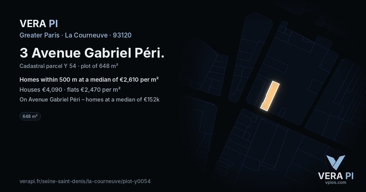 3 Avenue Gabriel Péri, La Courneuve at night – the plot lit, the parcels around coloured by the prices near them