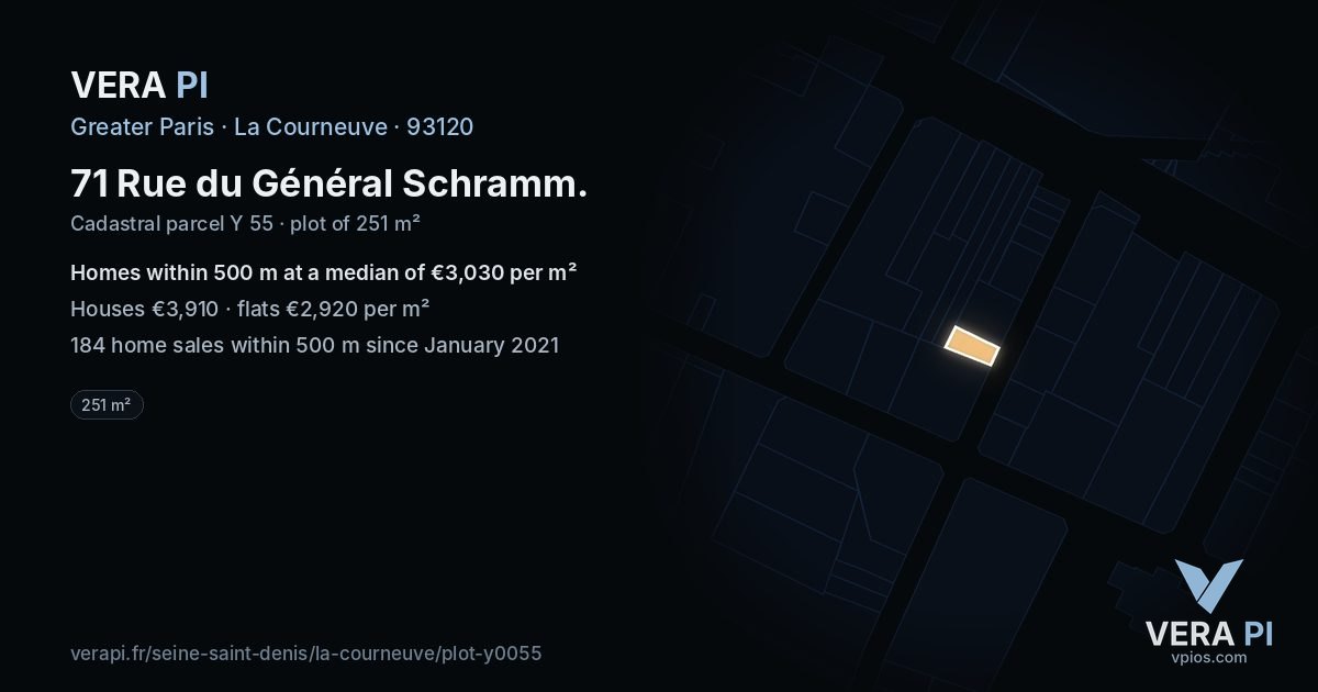 71 Rue du Général Schramm, La Courneuve at night – the plot lit, the parcels around coloured by the prices near them