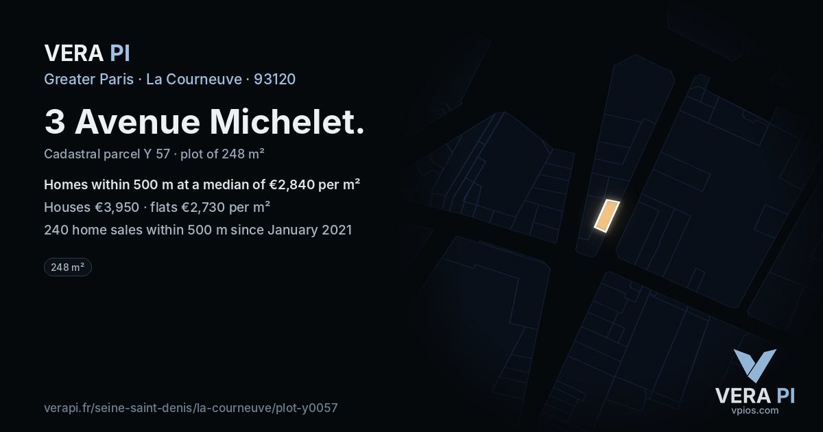 3 Avenue Michelet, La Courneuve at night – the plot lit, the parcels around coloured by the prices near them
