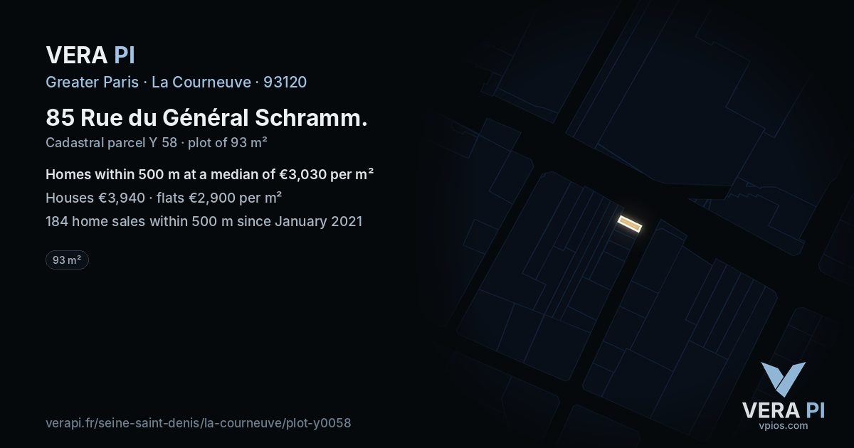 85 Rue du Général Schramm, La Courneuve at night – the plot lit, the parcels around coloured by the prices near them