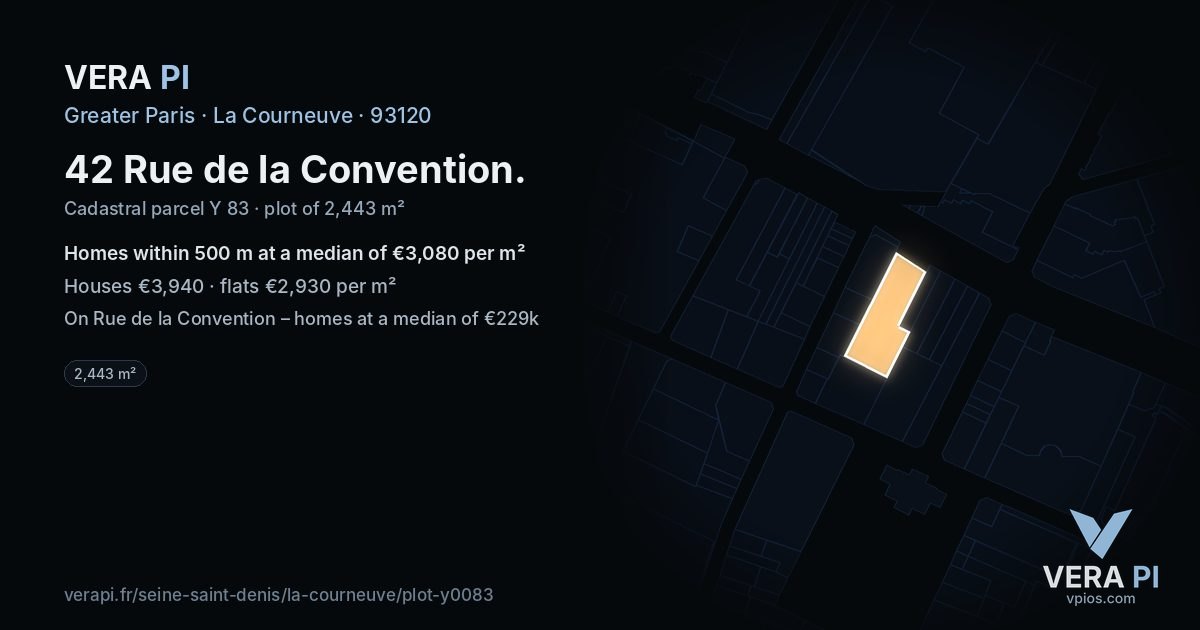 42 Rue de la Convention, La Courneuve at night – the plot lit, the parcels around coloured by the prices near them