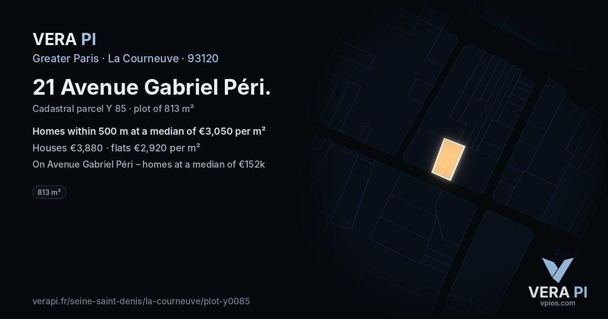 21 Avenue Gabriel Péri, La Courneuve at night – the plot lit, the parcels around coloured by the prices near them