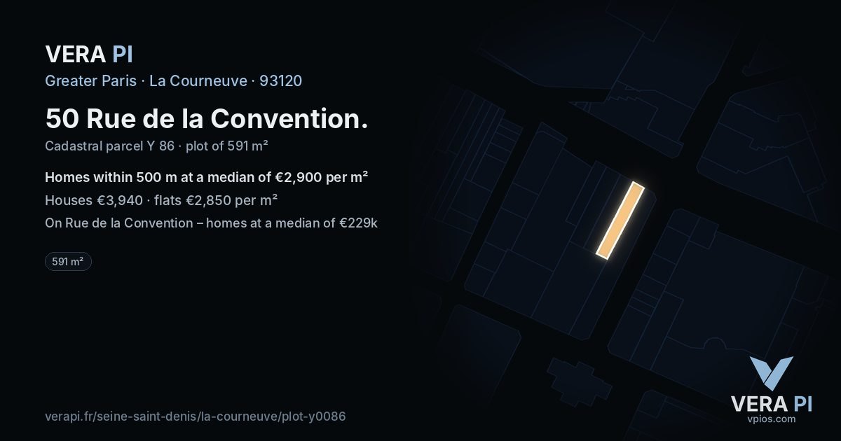 50 Rue de la Convention, La Courneuve at night – the plot lit, the parcels around coloured by the prices near them
