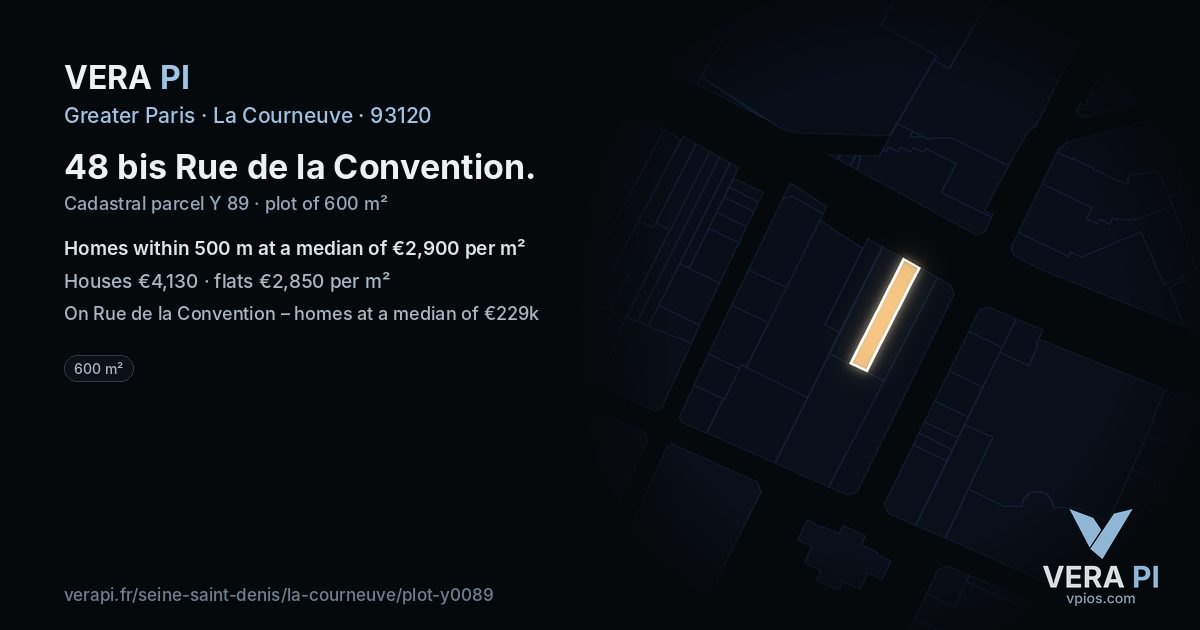 48 bis Rue de la Convention, La Courneuve at night – the plot lit, the parcels around coloured by the prices near them