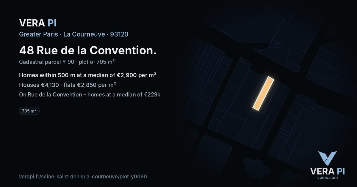 48 Rue de la Convention, La Courneuve at night – the plot lit, the parcels around coloured by the prices near them