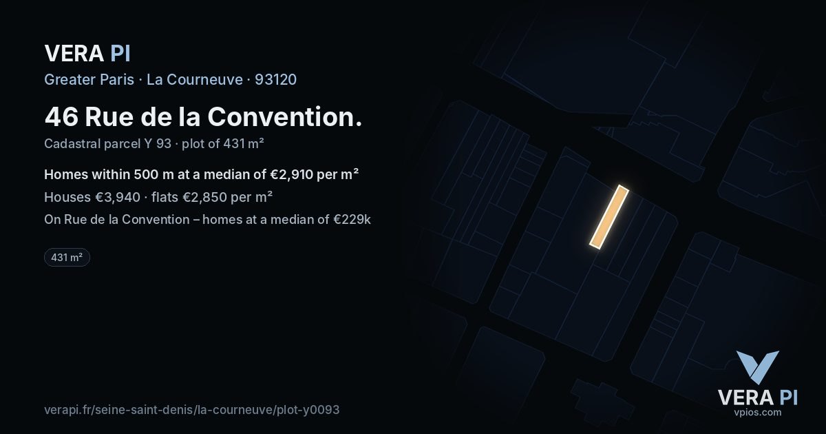 46 Rue de la Convention, La Courneuve at night – the plot lit, the parcels around coloured by the prices near them