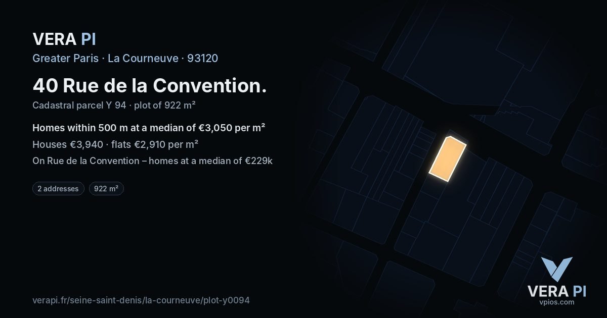 40 Rue de la Convention, La Courneuve at night – the plot lit, the parcels around coloured by the prices near them