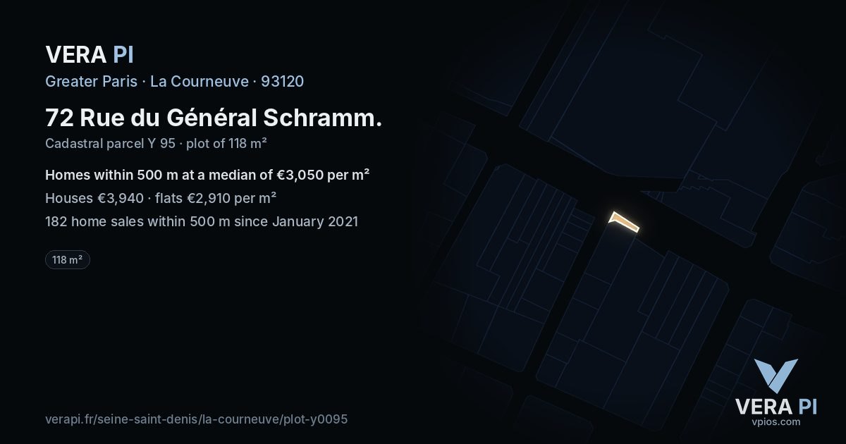 72 Rue du Général Schramm, La Courneuve at night – the plot lit, the parcels around coloured by the prices near them