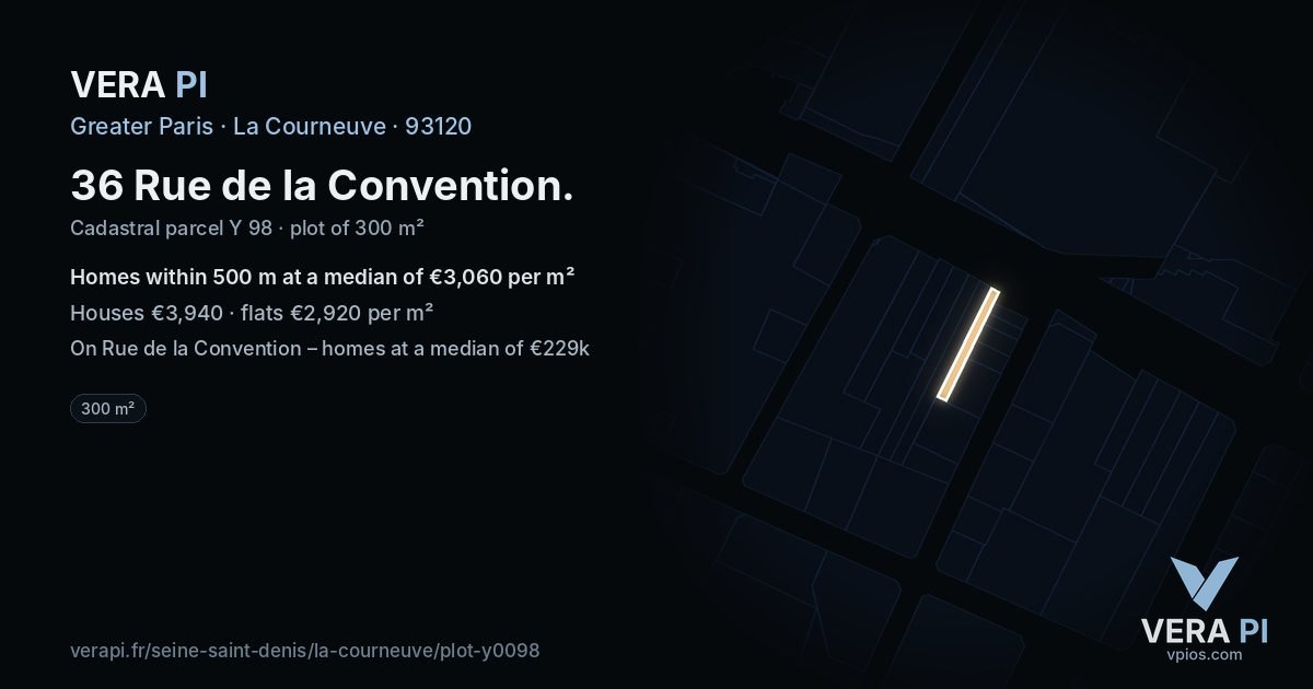 36 Rue de la Convention, La Courneuve at night – the plot lit, the parcels around coloured by the prices near them