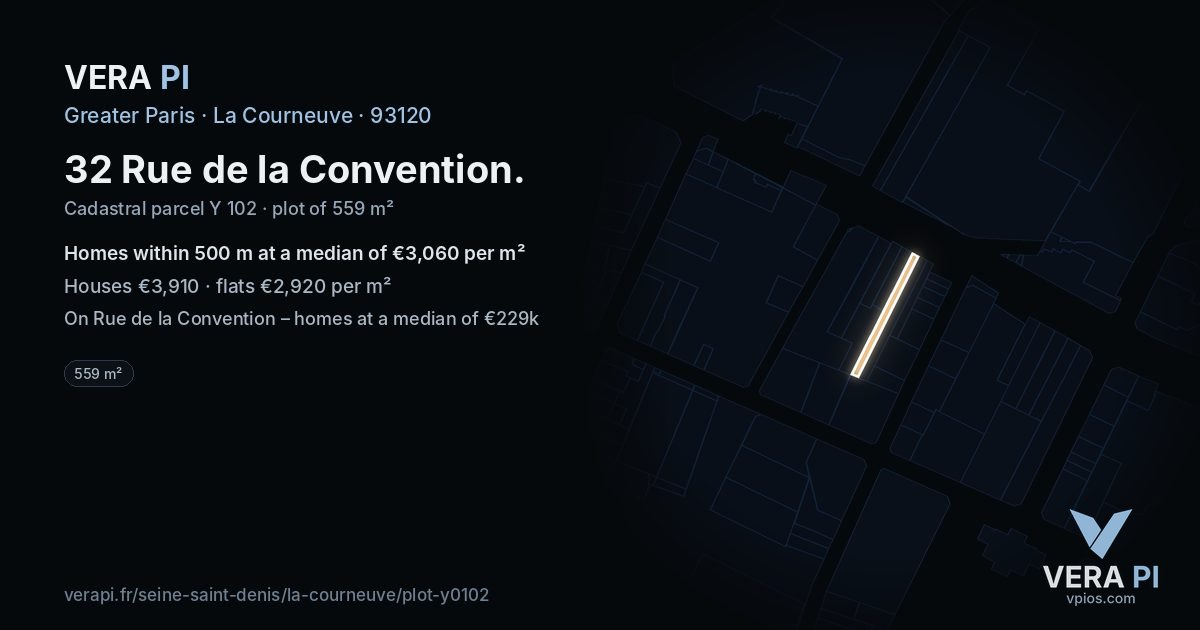 32 Rue de la Convention, La Courneuve at night – the plot lit, the parcels around coloured by the prices near them
