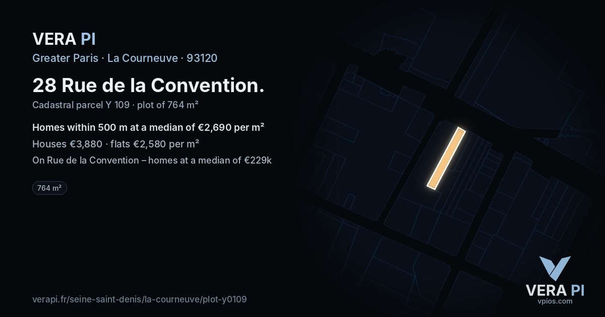 28 Rue de la Convention, La Courneuve at night – the plot lit, the parcels around coloured by the prices near them