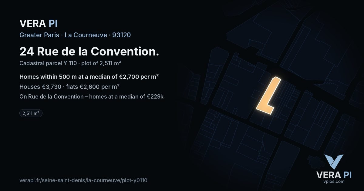 24 Rue de la Convention, La Courneuve at night – the plot lit, the parcels around coloured by the prices near them