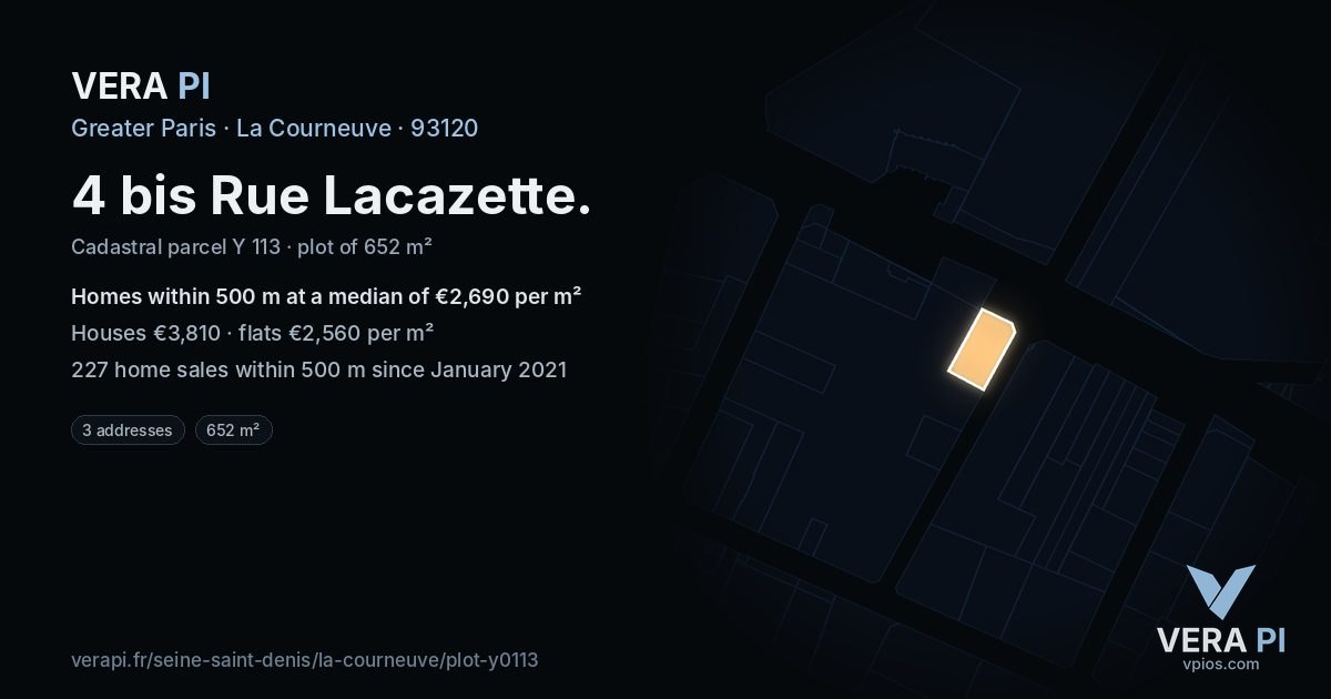 4 bis Rue Lacazette, La Courneuve at night – the plot lit, the parcels around coloured by the prices near them