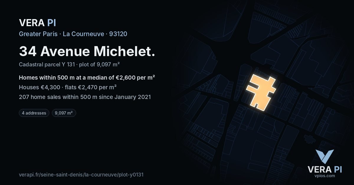 34 Avenue Michelet, La Courneuve at night – the plot lit, the parcels around coloured by the prices near them