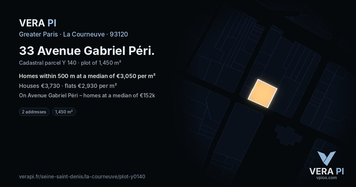 33 Avenue Gabriel Péri, La Courneuve at night – the plot lit, the parcels around coloured by the prices near them