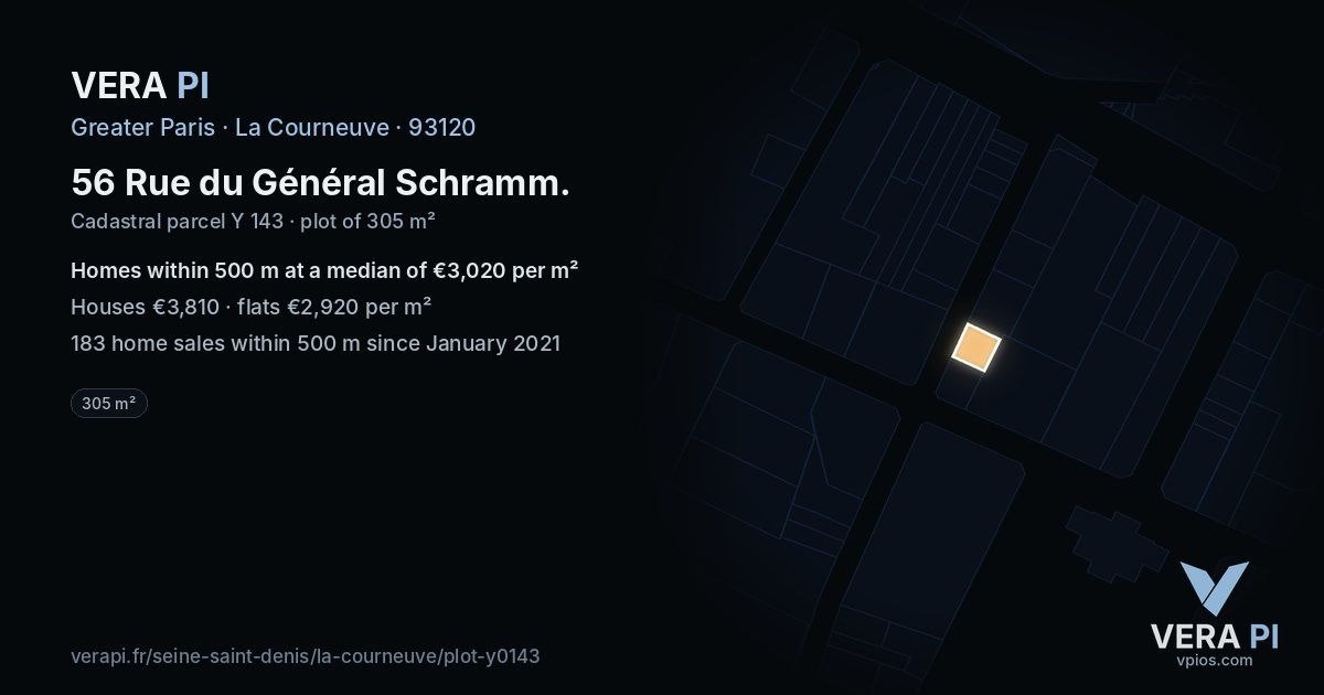 56 Rue du Général Schramm, La Courneuve at night – the plot lit, the parcels around coloured by the prices near them