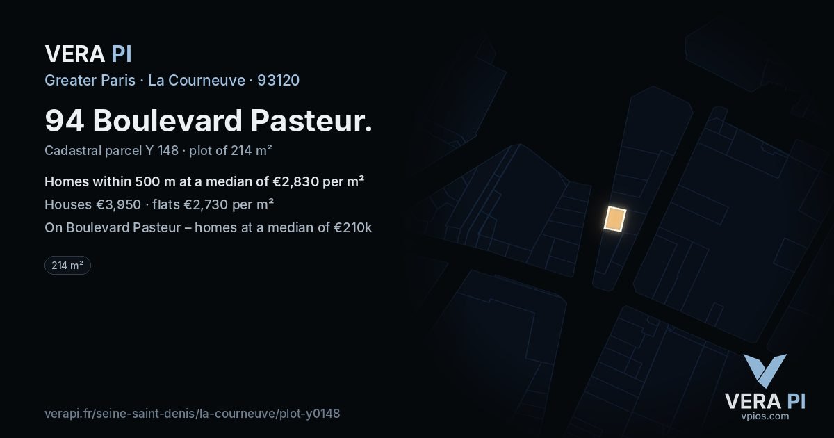 94 Boulevard Pasteur, La Courneuve at night – the plot lit, the parcels around coloured by the prices near them