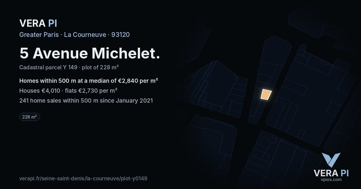 5 Avenue Michelet, La Courneuve at night – the plot lit, the parcels around coloured by the prices near them