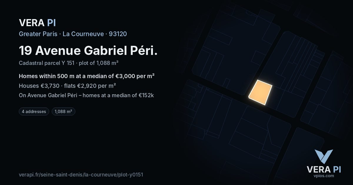 19 Avenue Gabriel Péri, La Courneuve at night – the plot lit, the parcels around coloured by the prices near them