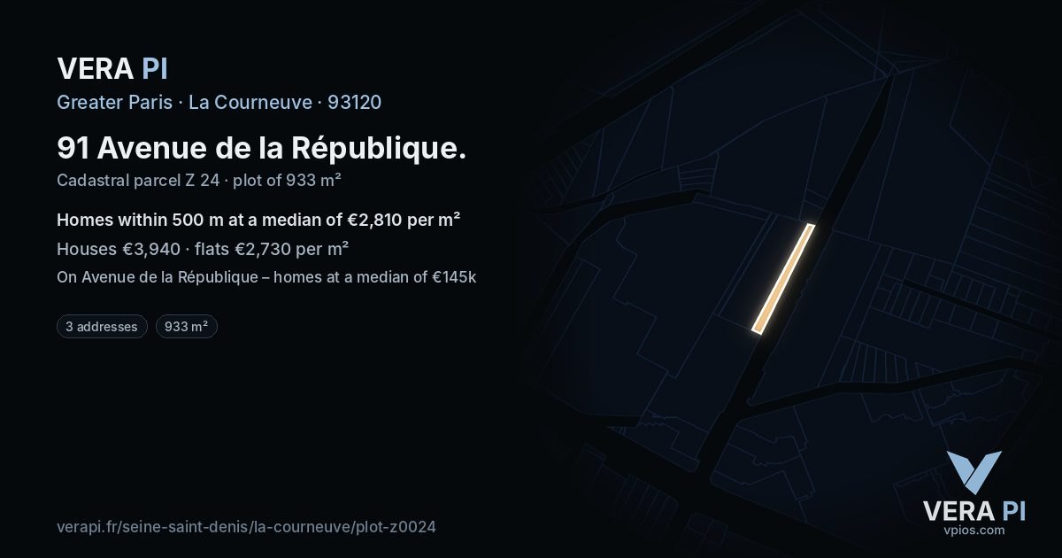 91 Avenue de la République, La Courneuve at night – the plot lit, the parcels around coloured by the prices near them