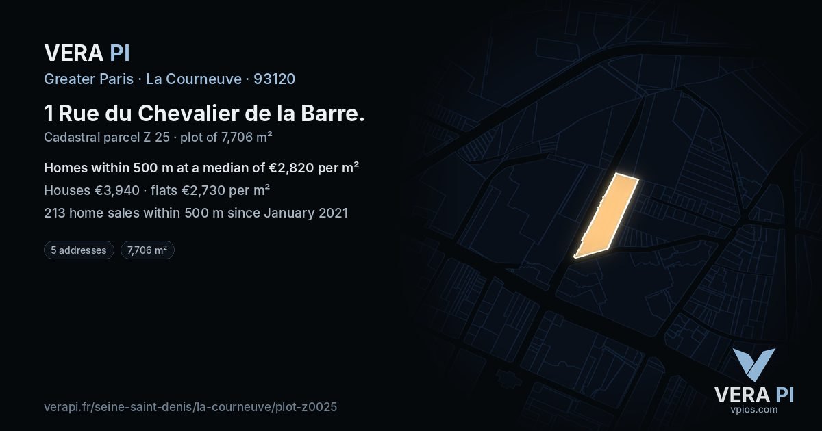 1 Rue du Chevalier de la Barre, La Courneuve at night – the plot lit, the parcels around coloured by the prices near them