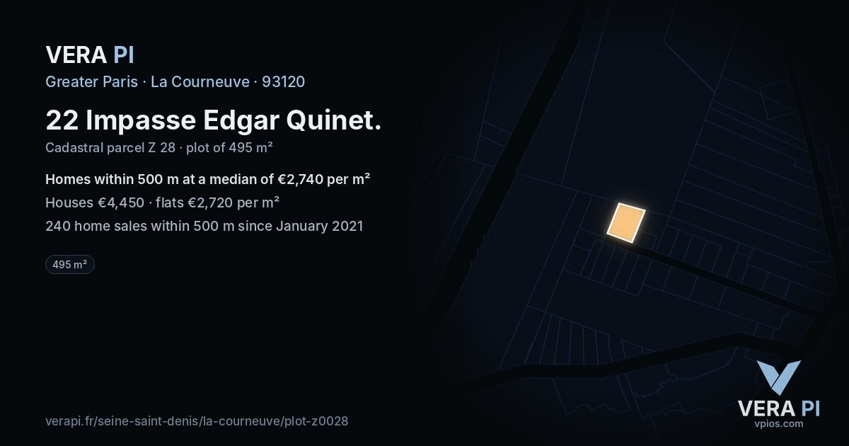 22 Impasse Edgar Quinet, La Courneuve at night – the plot lit, the parcels around coloured by the prices near them