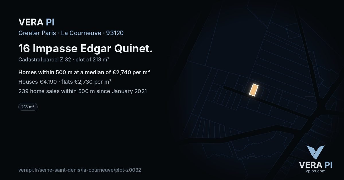 16 Impasse Edgar Quinet, La Courneuve at night – the plot lit, the parcels around coloured by the prices near them