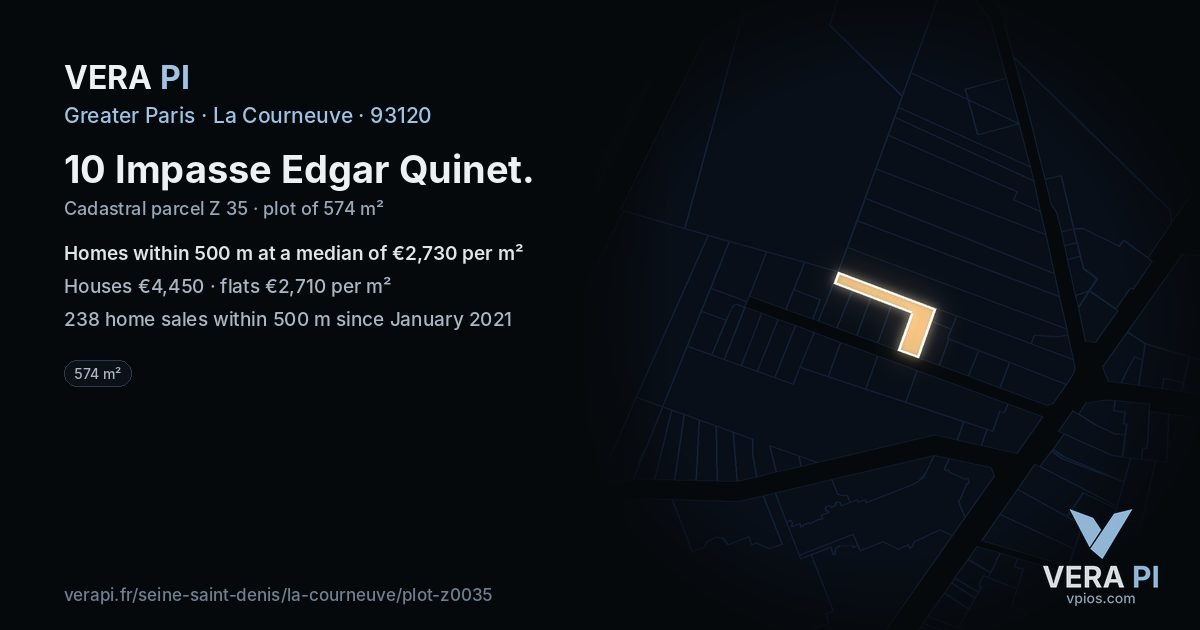 10 Impasse Edgar Quinet, La Courneuve at night – the plot lit, the parcels around coloured by the prices near them
