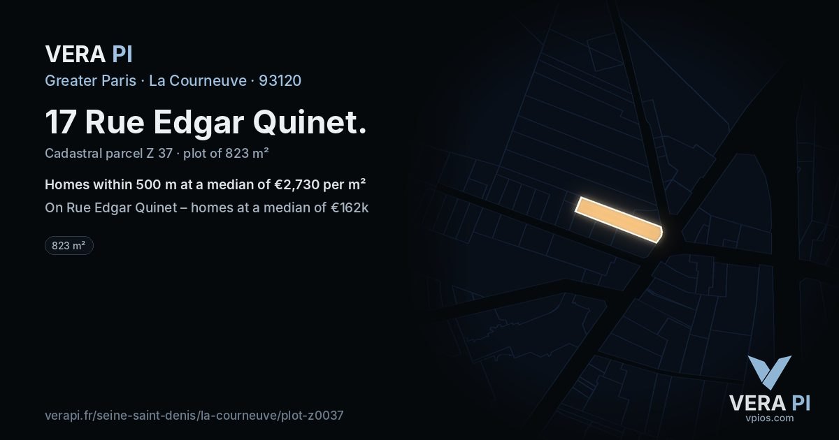 17 Rue Edgar Quinet, La Courneuve at night – the plot lit, the parcels around coloured by the prices near them