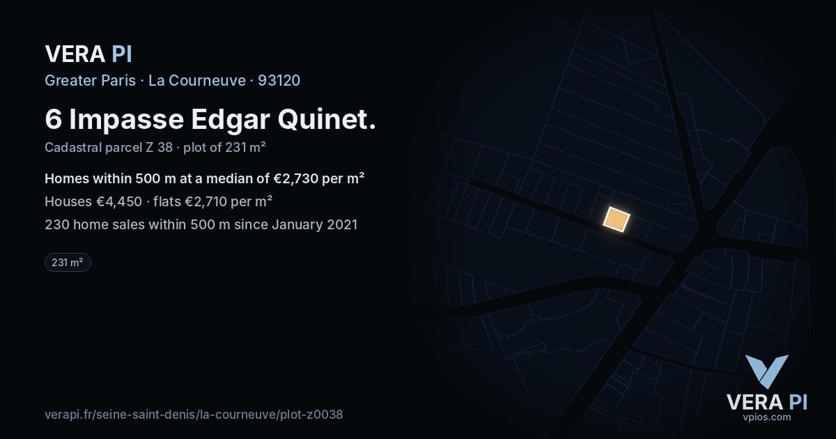 6 Impasse Edgar Quinet, La Courneuve at night – the plot lit, the parcels around coloured by the prices near them