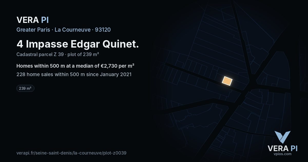 4 Impasse Edgar Quinet, La Courneuve at night – the plot lit, the parcels around coloured by the prices near them