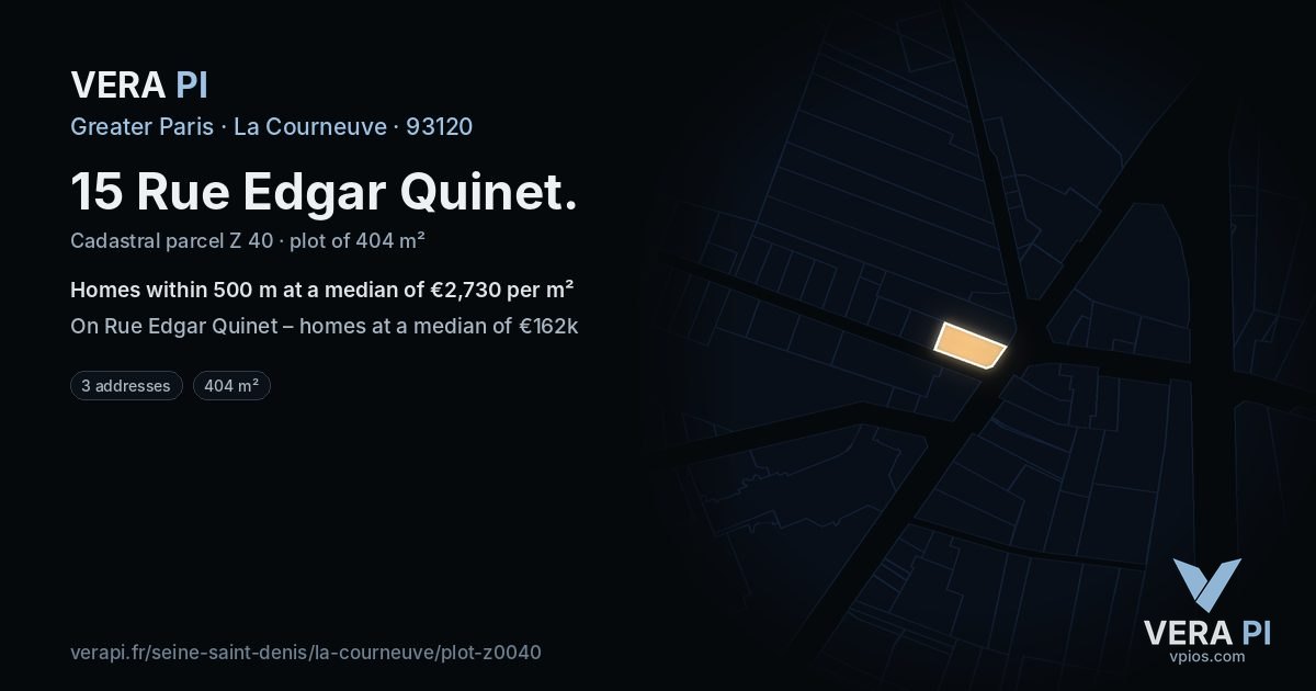 15 Rue Edgar Quinet, La Courneuve at night – the plot lit, the parcels around coloured by the prices near them