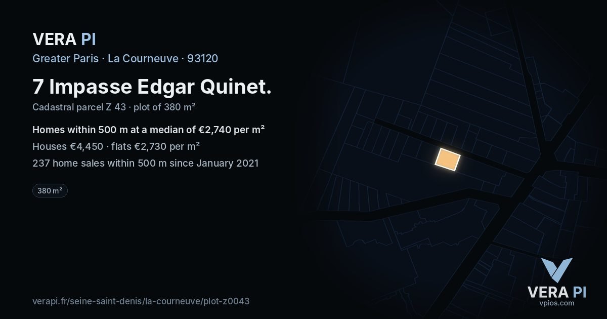 7 Impasse Edgar Quinet, La Courneuve at night – the plot lit, the parcels around coloured by the prices near them