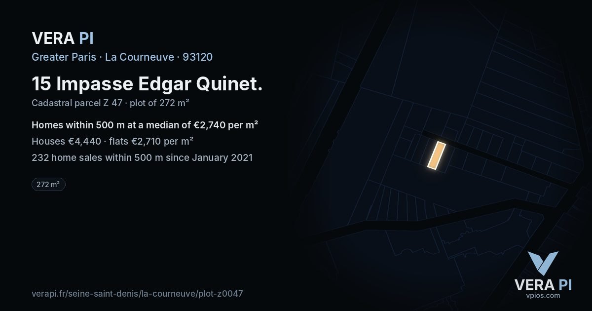 15 Impasse Edgar Quinet, La Courneuve at night – the plot lit, the parcels around coloured by the prices near them