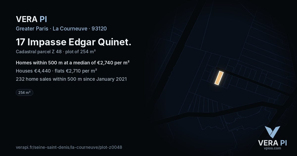 17 Impasse Edgar Quinet, La Courneuve at night – the plot lit, the parcels around coloured by the prices near them